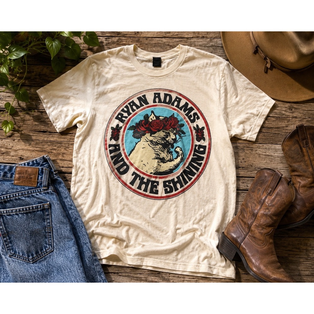 Ryan Adams & The Shining Band T Shirt Cream Graphic Roses Cat Rock Concert Tee